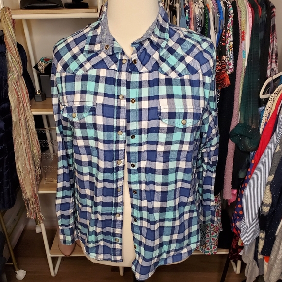 JACHS Girlfriend Tops - Jachs Girlfriend, Blue & Teal Button Down